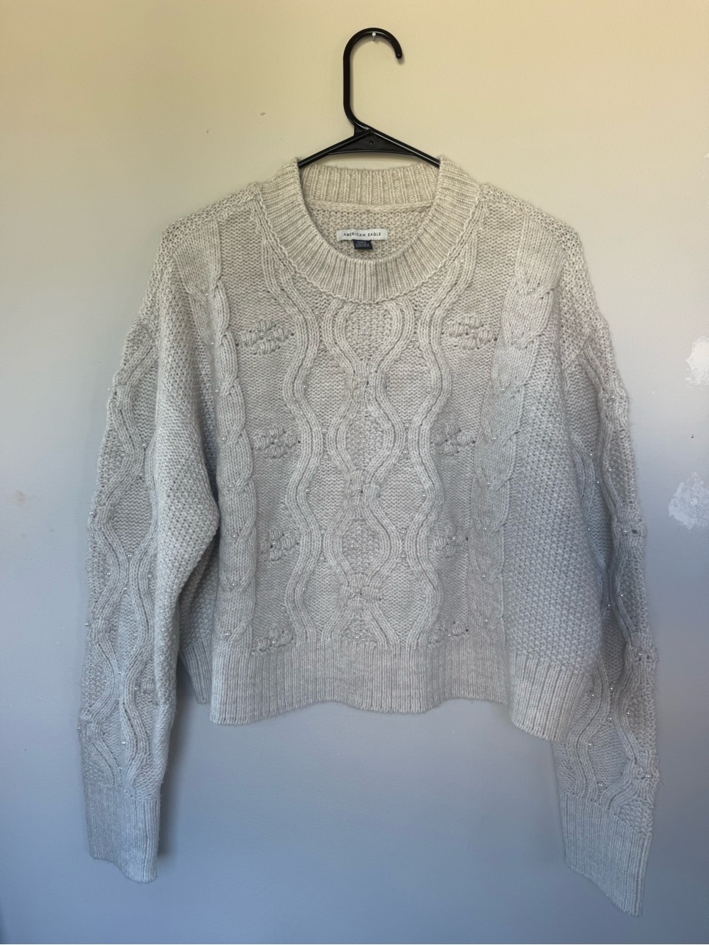 American Eagle Cream Pearl Beaded Cable Knit Crewneck Sweater Size Medium M